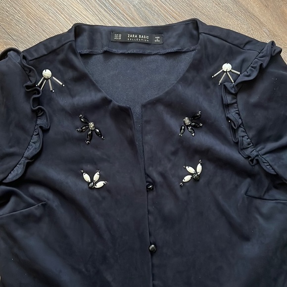 zara navy rhinestone suede crop top size xs - Picture 2 of 3